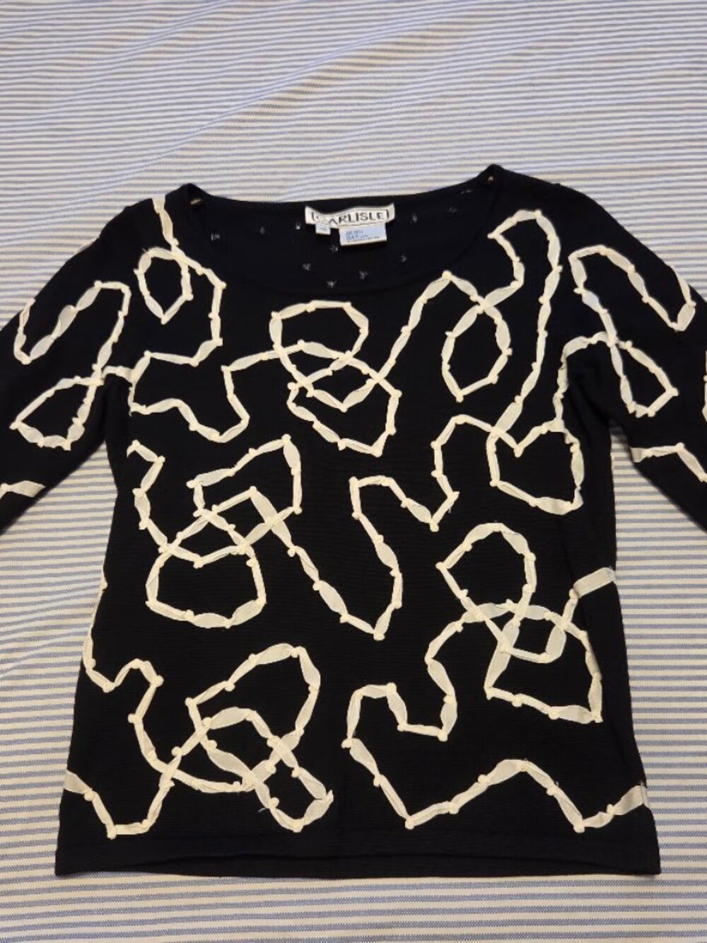 Carlisle Luxury Black Silk Blend Abstract Ribbon Appliqué Knit Top - XS
